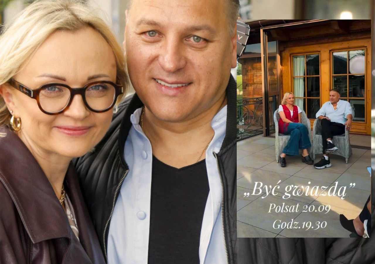 Edyta Golec, Łukasz Golec Dwoje uśmiechniętych ludzi pozujących razem na świeżym powietrzu, w tle widoczna para siedząca na tarasie przed drewnianym budynkiem oraz informacje o programie telewizyjnym i jego emisji.