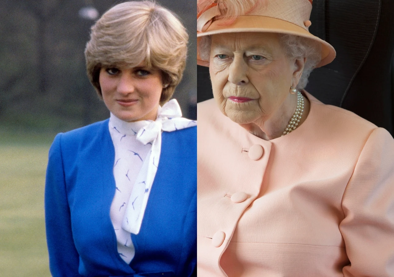 Księżna Diana i króla Elżbieta II Księżna Diana na zdjęciu z 1981 roku, w drugim kadrze zmarła królowa Elżbieta II ze smutnym spojrzeniem.