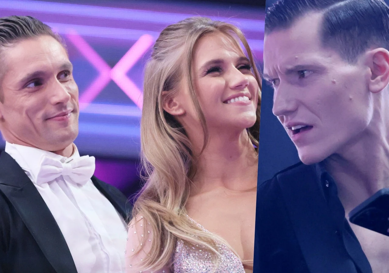 Filip Gurłacz i Agnieszka Kaczorowska, Jacek Jeschke Filip Gurłacz, Agnieszka Kaczorowska i Jacek Jeschke w strojach tanecznych na planie programu "Taniec z gwiazdami".