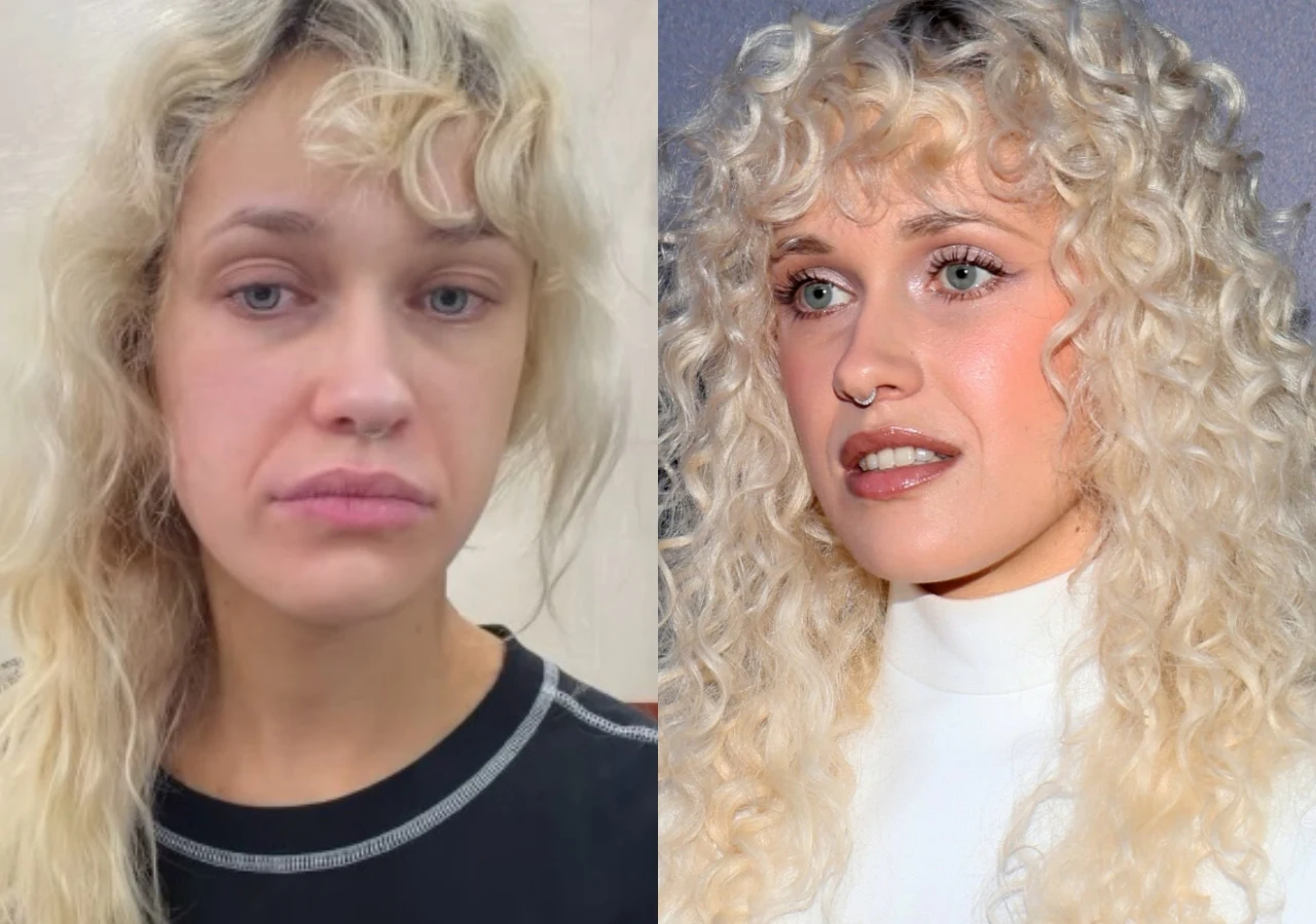 Zaspana Helena Englert na kilka godzin przed "Tańcem z gwiazdami" pokazała się w sieci bez makijażu Porównanie dwóch portretów tej samej kobiety z blond, kręconymi włosami – po lewej stronie twarz bez makijażu i wyraz zmęczenia, po prawej efektowny makijaż, jasny strój i zadbana fryzura podkreślająca rysy twarzy.