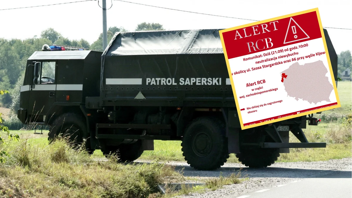 Alert RCB w związku z niewybuchem pod Szczecinem Wojskowy pojazd patrolu saperskiego oraz komunikat Alert RCB o neutralizacji niewybuchu pod Szczecinem.