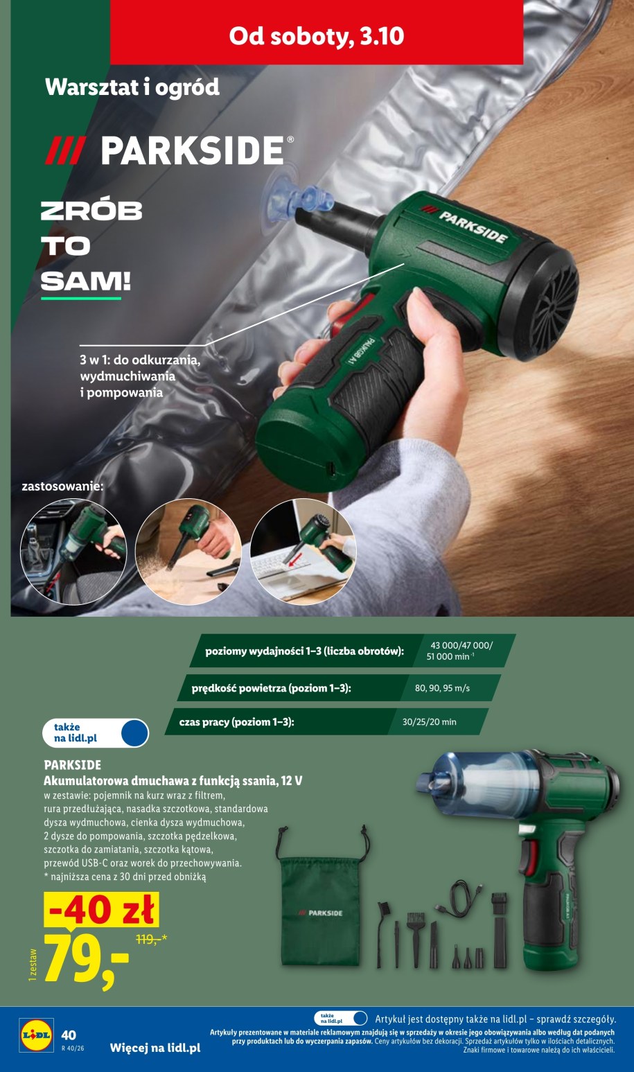 Mini dmuchawa Parkside 3 w 1, 12 V za 79 zł w gazetce Lidla od soboty 3.10