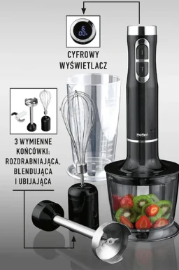 Blender ręczny 3 w 1 za 79,90 zł Blender ręczny z cyfrowym wyświetlaczem, trzema wymiennymi końcówkami do rozdrabniania, blendowania i ubijania oraz pojemnikiem z pokrojonymi owocami.