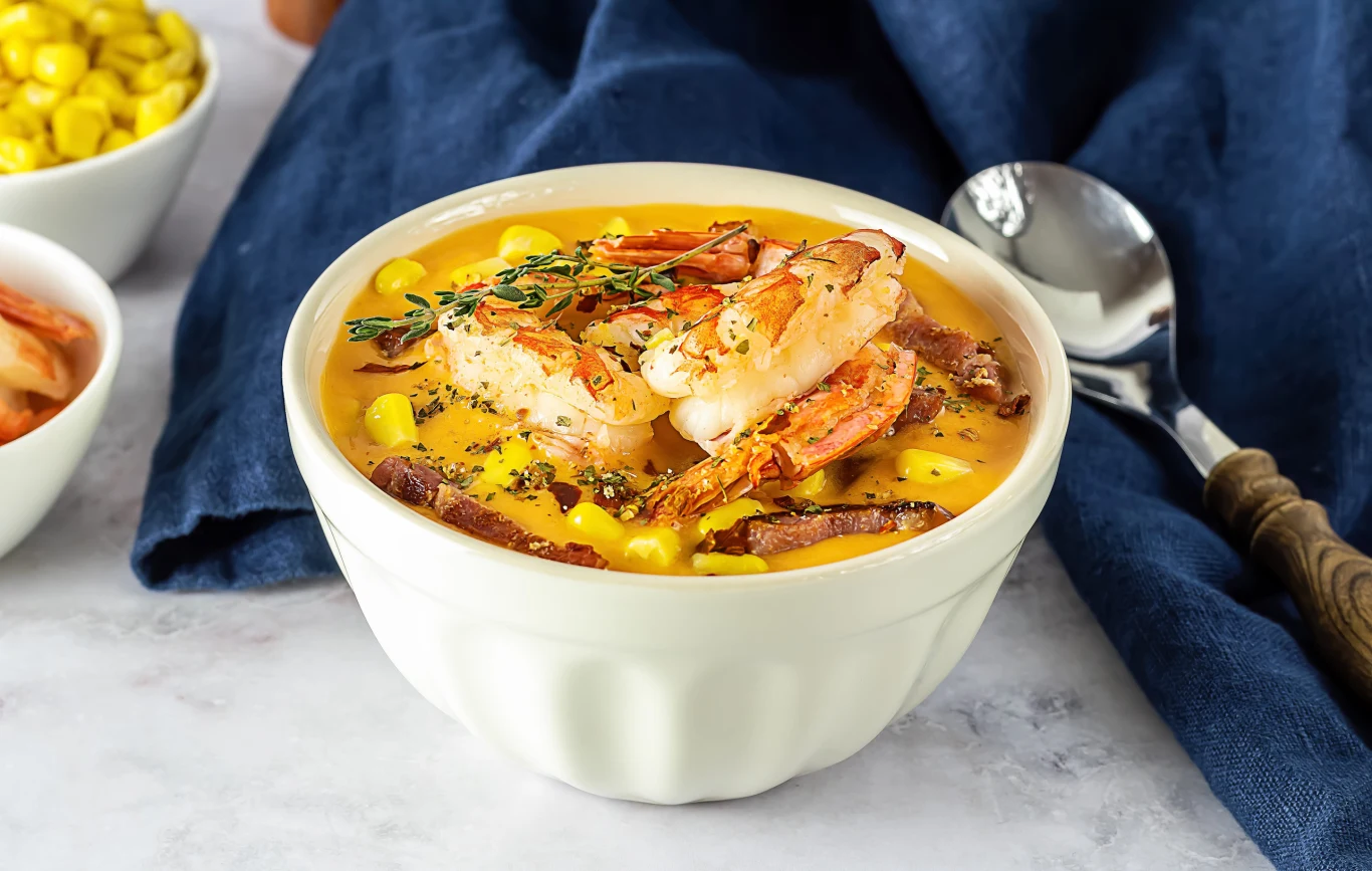 Taki chowder to zupa rybna, którą najesz się do syta Kremowa zupa chowder z kukurydzą, kawałkami boczku i grillowanymi krewetkami, posypana tymiankiem.