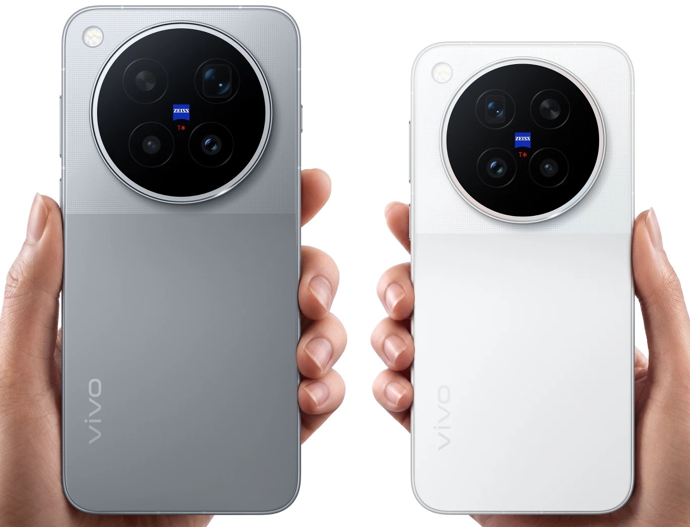 Smartfony Vivo X500 Pro Max i Pro. Dwa smartfony Vivo w różnych kolorach, prezentujące tylną obudowę z dużą okrągłą wyspą na aparaty fotograficzne i logo Zeiss pośrodku modułu aparatów.