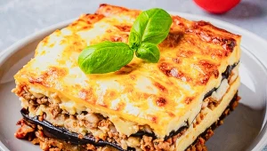 Tradycyjna grecka moussaka to połączenie bakłażana, mięsa wołowego i beszamelu.