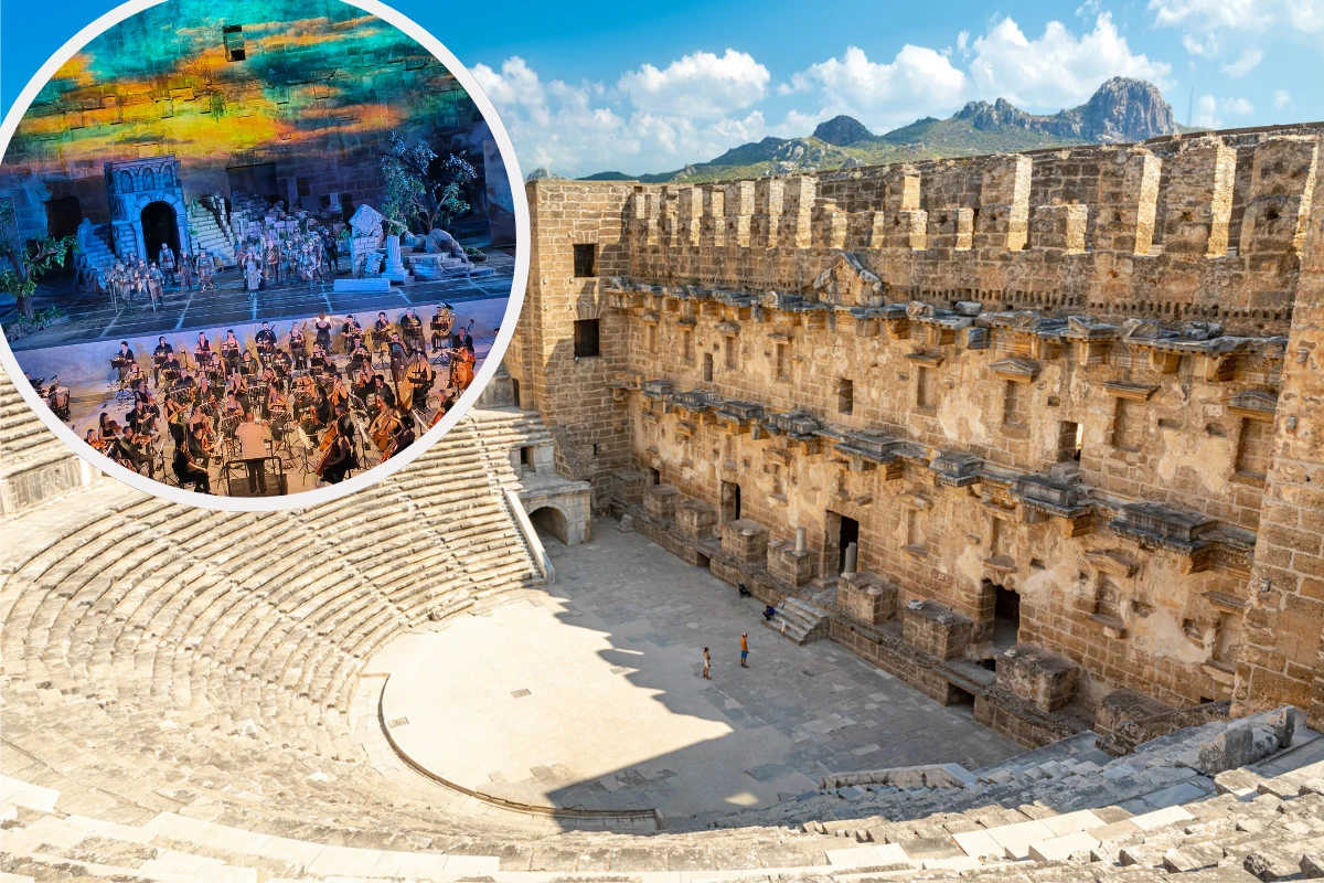 Teatr w Aspendos to jeden z najcenniejszych obiektów starożytnego świata Antyczny teatr w Aspendos z widokiem na kamienną scenę i widownię, u góry kolaż z operą.