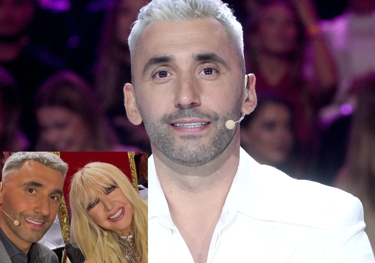 Rafał Maserak i Maryla Rodowicz na planie "Tańca z gwiazdami" Mężczyzna o siwych włosach i krótkim zaroście w białej koszuli, z mikrofonem przy twarzy, na tle rozmytej publiczności; w lewym dolnym rogu małe zdjęcie z tą samą osobą oraz kobietą o długich blond włosach, uśmiechniętych na czerwonym tle.