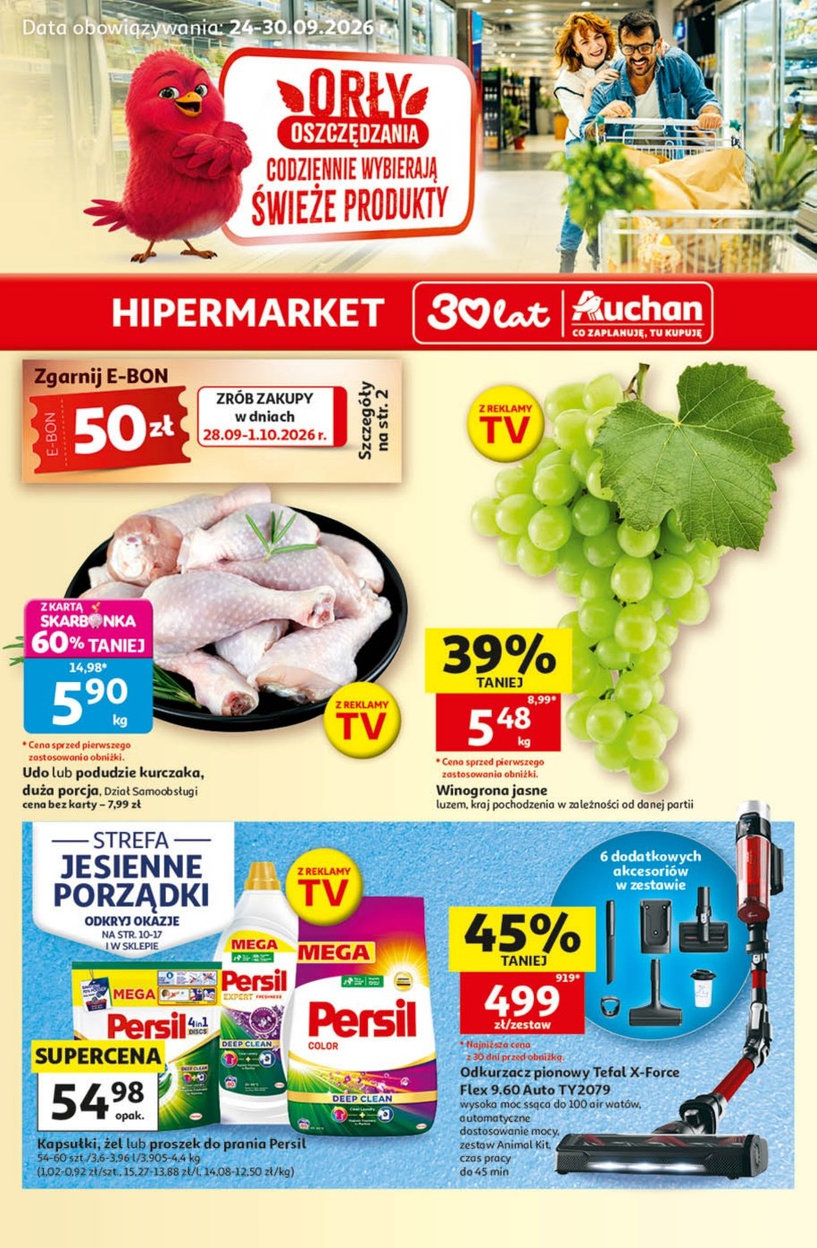Okładka gazetki Auchan Hipermarket 24–30.09 z banerem e-bonu 50 zł za zakupy od 28.09 do 1.10