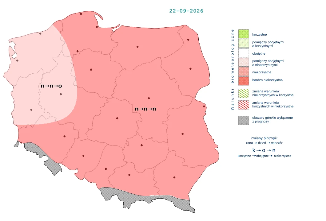 W całym kraju pogoda będzie niekorzystnie wpływać na nasz organizm. Po południu i wieczorem na zachodzie warunki nieco się poprawią Mapa Polski z podziałem na strefy biometu na dzień 22 września 2026 roku; przeważająca część kraju oznaczona kolorem czerwonym jako obszar bardzo niekorzystnego biometu, a północno-zachodnia część w odcieniu różowym wskazującym na niekorzystny wpływ wa...