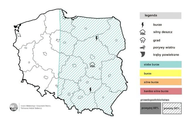 Na burze muszą uważać przede wszystkim mieszkańcy wschodniej Polski - informuje IMGW w prognozie Mapa Polski z podziałem na regiony i oznaczeniem prognozowanych burz oraz silnych opadów i porywów wiatru w części wschodniej kraju, z użyciem kolorów i symboli zgodnie z przedstawioną legendą.
