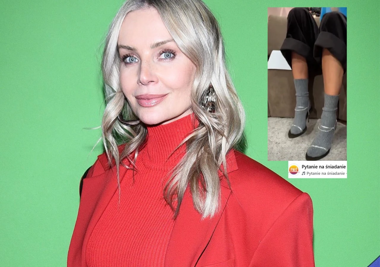 Kobieta o blond włosach w czerwonym golfie i marynarce na zielonym tle, w prawym górnym rogu widoczna wstawka z ujęciem nóg w szarych skarpetkach i srebrnych butach.