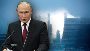 Przywódca Rosji Władimir Putin. W tle jeden z kompleksów przetwórstwa naftowego
