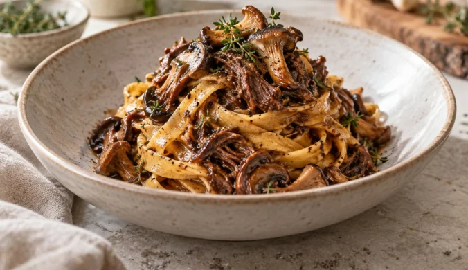 Tagliatelle z ragù z policzka wołowego i grzybów leśnych