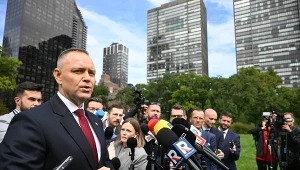 Karol Nawrocki podczas przemówienia w Nowym Jorku