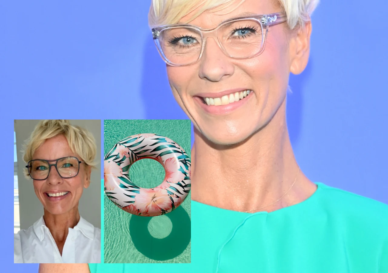 Anita Werner Uśmiechnięta kobieta w przezroczystych okularach i turkusowej bluzce na niebieskim tle, z nałożonymi dwoma mniejszymi zdjęciami: portretem tej samej kobiety oraz kolorowym dmuchanym kołem unoszącym się na wodzie.