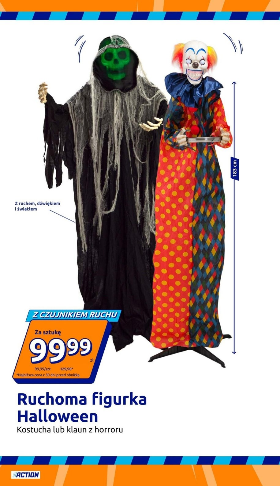 Ruchoma figurka Halloween, kostucha lub klaun 183 cm, za 99,99 zł w gazetce Action
