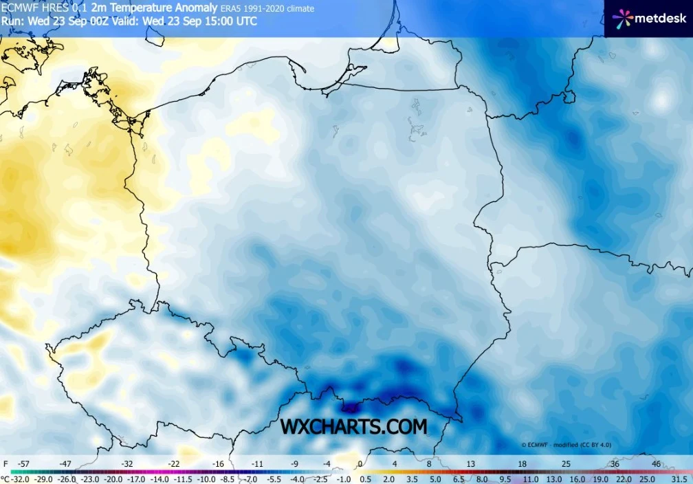 W środę będzie chłodno w całym kraju: maksymalnie kilkanaście stopni. Najcieplejszym rejonem będzie zachodnia Polska Mapa anomalii temperatury powietrza nad Polską i częścią sąsiednich krajów, ukazująca wyraźną przewagę chłodnych odcieni niebieskiego i szarego świadczącą o obniżonych wartościach temperatury względem normy wieloletniej, z widocznym miejscowym ocieplen...