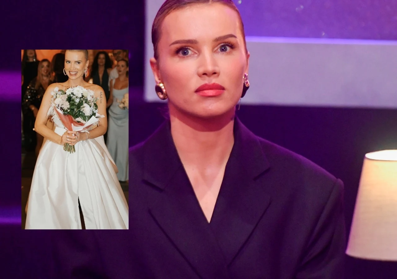 Maffashion w oryginalny sposób świętowała 39 urodziny Kobieta w eleganckim garniturze siedząca przy lampce, z poważnym wyrazem twarzy; obok widoczne jej zdjęcie w białej sukni, gdzie uśmiecha się trzymając bukiet kwiatów.
