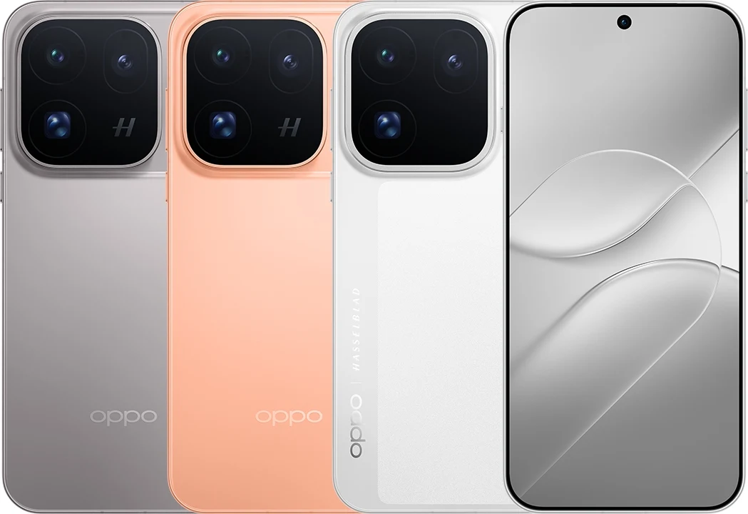 Smartfon Oppo Find X10 Pro Max. Trzy smartfony Oppo w różnych kolorach: srebrnym, pomarańczowym i białym, ukazujące tylny panel z dużą wyspą aparatów oraz czwarty telefon z przodu z wyświetlaczem i centralnie umieszczonym aparatem do selfie.