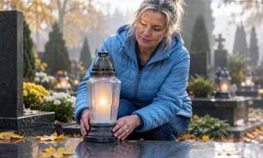 Kobieta stawia szklany znicz z zapalonym wkładem na granitowym nagrobku jesienią