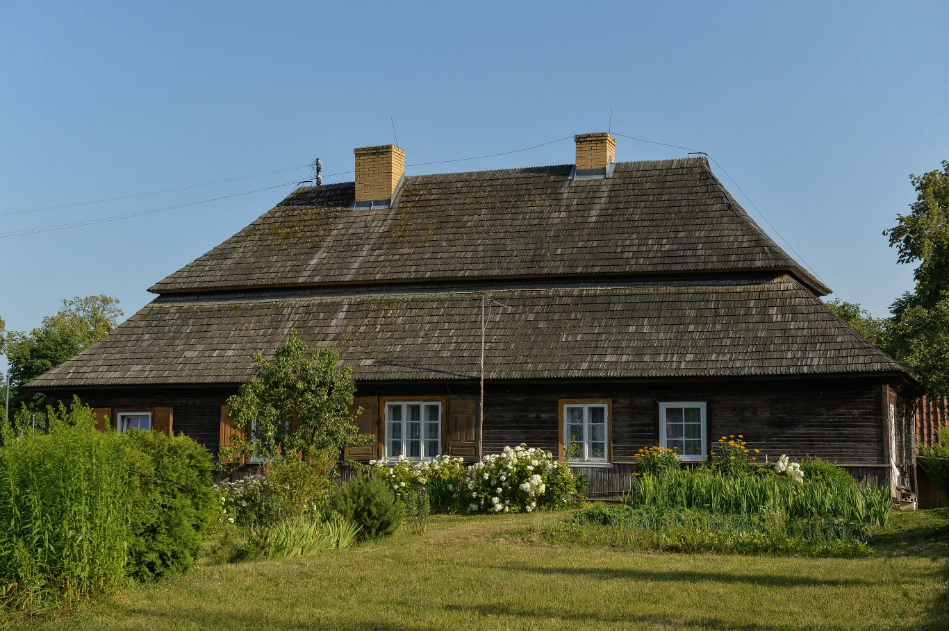 Drewniany dom z dwoma żółtymi kominami, czterema białymi oknami i zadbanym ogrodem z krzewami i kwitnącymi kwiatami, otoczony zielenią i trawnikiem.