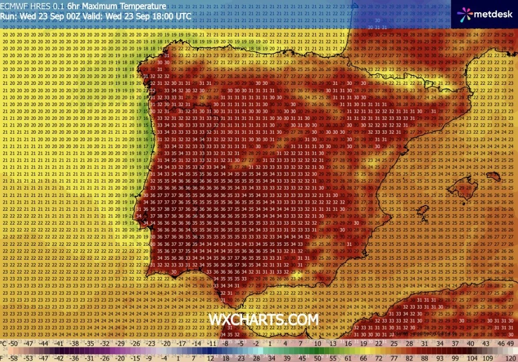 Mapa temperatur maksymalnych przedstawiająca Półwysep Iberyjski, gdzie dominują wartości powyżej 30°C, szczególnie wysokie na południu i w centrum Hiszpanii oraz południowej Portugalii, z czytelną siatką liczb i kolorowym gradientem ilustrującym rozkła...
