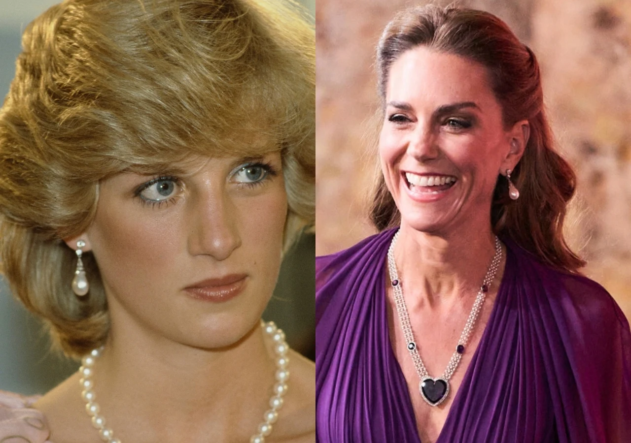 Księżna Diana (Melbourne 1983) i księżna Kate (Londyn 2026) w kolczykach Collingwood Dwie kobiety w eleganckich strojach, z fryzurami ułożonymi na różne sposoby; jedna z nich nosi klasyczne perły i subtelny makijaż, druga zwraca uwagę szerokim uśmiechem, naszyjnikiem z dużym sercem oraz kolczykami, ubrana w fioletową suknię.