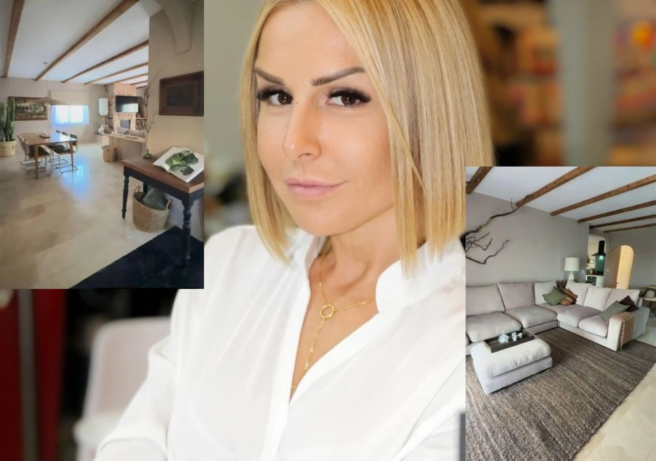 Wnętrza hiszpańskiej willi Blanki Lipińskiej Portret kobiety z blond włosami oraz fragmenty nowoczesnego, jasnego wnętrza z dużą sofą, stołem i widocznymi drewnianymi belkami na suficie.