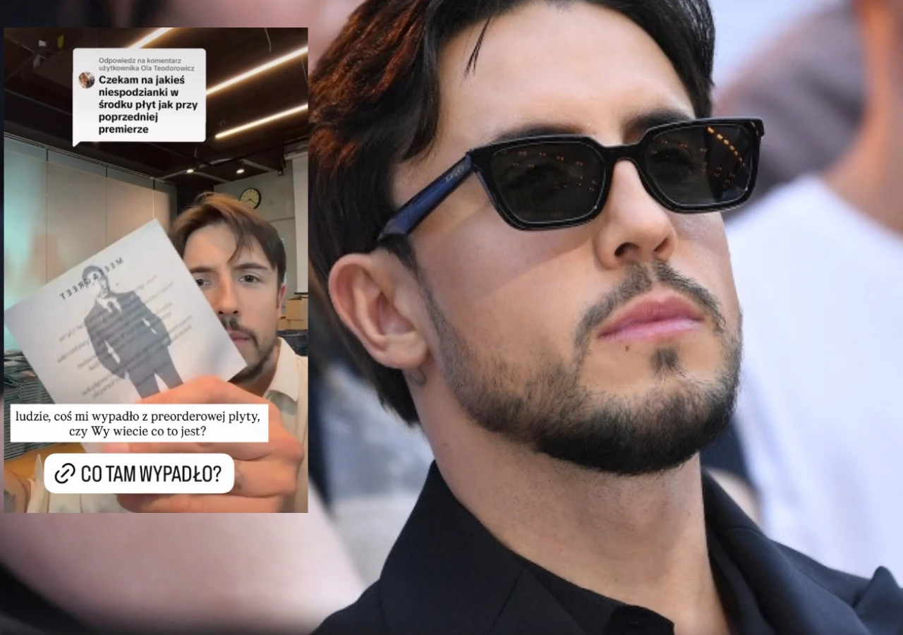 Dawid Kwiatkowski Mężczyzna w ciemnych okularach przeciwsłonecznych i czarnej koszuli, w tle grafika przedstawiająca tę samą osobę trzymającą płytę z własnym wizerunkiem.