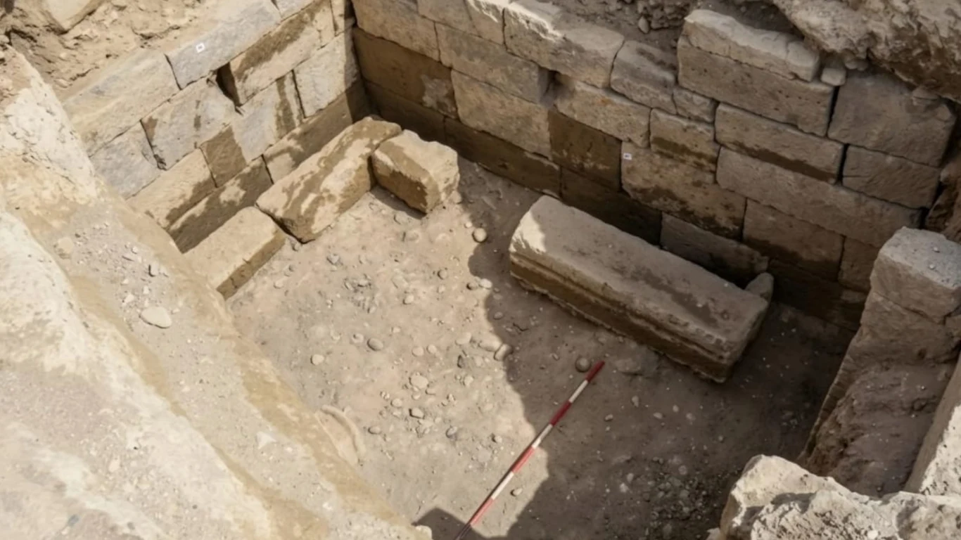 Archeolodzy odkryli potężny grobowiec, a w środku wielki skarb. Kamienna komora grobowa z sarkofagiem i fragmentami murów z dużych bloków kamiennych w Vulci.