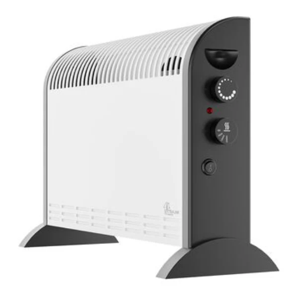 Elektryczny konwektor grzewczy w białej obudowie z czarnymi bokami, wyposażony w pokrętła do regulacji temperatury i pracy, stabilnie ustawiony na szerokich, półkolistych nóżkach.