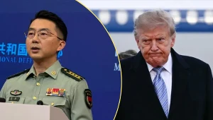 Chiny wysłały ostrzeżenie do USA. Na zdj. rzecznik resortu obrony w Pekinie Jiang Bin oraz prezydent Donald Trump