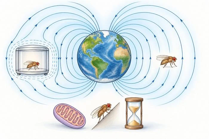 Muszki owocowe w polu magnetycznym Ziemi Muszka owocowa w zamkniętym pojemniku, Ziemia otoczona liniami pola magnetycznego, muszka lecąca w wolnej przestrzeni oraz symbole mitochondrium, owada wspinającego się po pochyłej powierzchni i klepsydry.