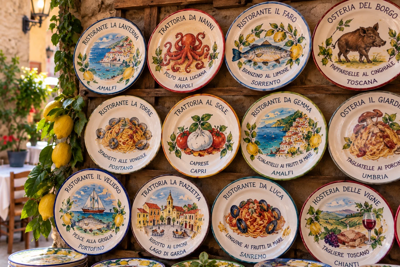 Kolorowe, ręcznie malowane talerze z motywami włoskich potraw, krajobrazów i napisami nazw regionów oraz restauracji, ułożone na tle kamiennej ściany, ozdobione gałązkami cytryn z liśćmi.