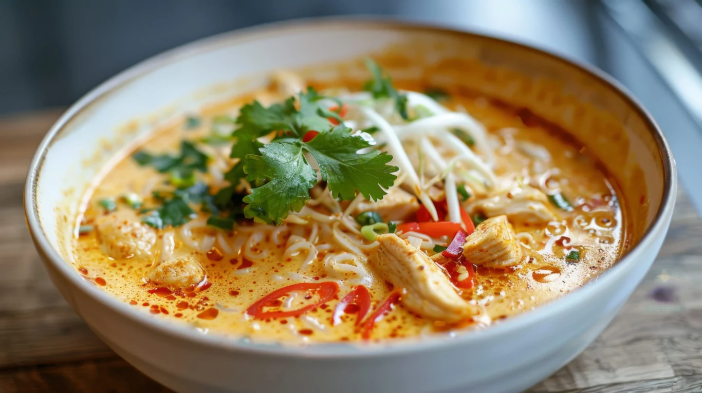 Tajska zupa curry to rozgrzewające danie pełne intensywnych smaków Miseczka tajskiej zupy curry z makaronem ryżowym, kawałkami kurczaka, czerwoną papryką i świeżą kolendrą.
