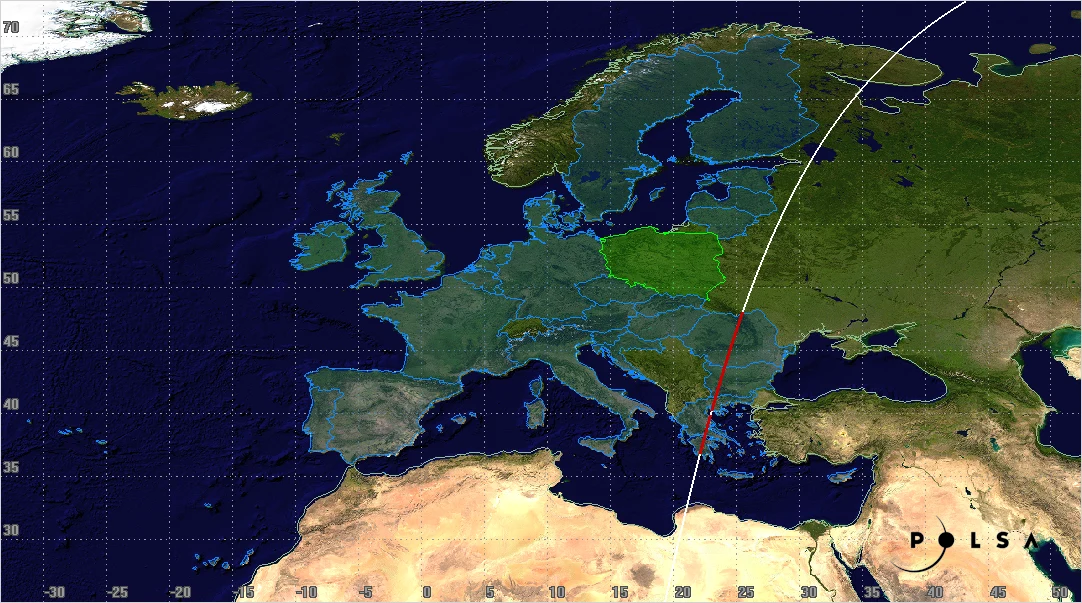 Mapa Europy z zaznaczoną Polską na zielono oraz prezentacją trajektorii przelotu satelity lub obiektu kosmicznego przecinającej kontynent.