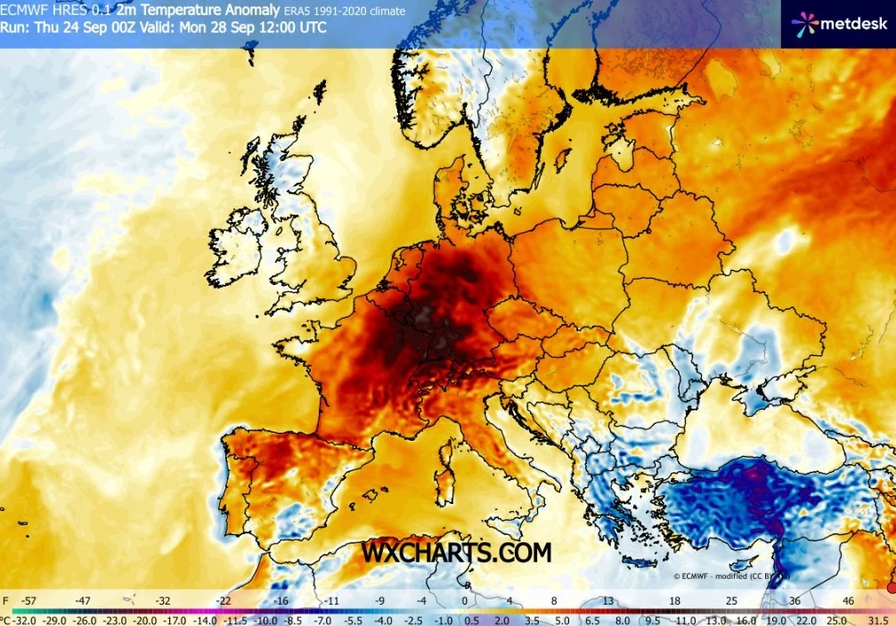 Wyżowa, słoneczna i bezchmurna pogoda zapanuje w Polsce w przyszłym tygodniu Mapa Europy z zaznaczonymi anomaliami temperatury, pokazująca silnie podwyższone temperatury obejmujące centralną i zachodnią część kontynentu, szczególnie na terenie Niemiec, Francji i północnych Włoch, kontrastujące z chłodniejszymi obszarami we wsch...