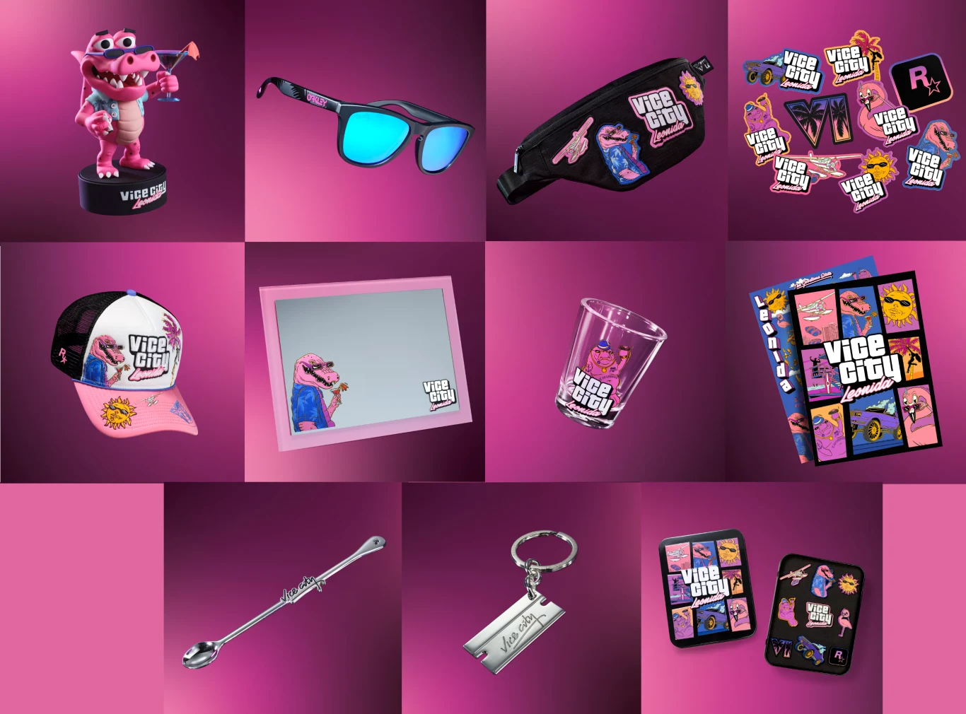 Różowe tło z układem gadżetów związanych z Vice City, takich jak figurka krokodyla, okulary przeciwsłoneczne, saszetka, czapka z daszkiem, lusterko, szklanka, notes, łyżeczka, breloczek oraz kolorowe naklejki i etui na telefon, wszystkie z wyrazistą gr...