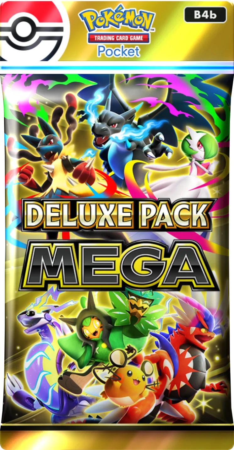 Opakowanie kart kolekcjonerskich Pokémon z dynamiczną grafiką przedstawiającą popularne postacie, takie jak Pikachu, Lucario, Gardevoir i Rayquaza, otoczonych energetycznymi efektami świetlnymi oraz wyróżniającym się napisem 'Deluxe Pack Mega'.