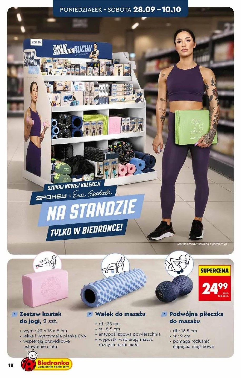 Strona gazetki Biedronki z kolekcją Spokey × Ewa Swoboda: stand, kostki do jogi, wałek i piłeczka za 24,99 zł