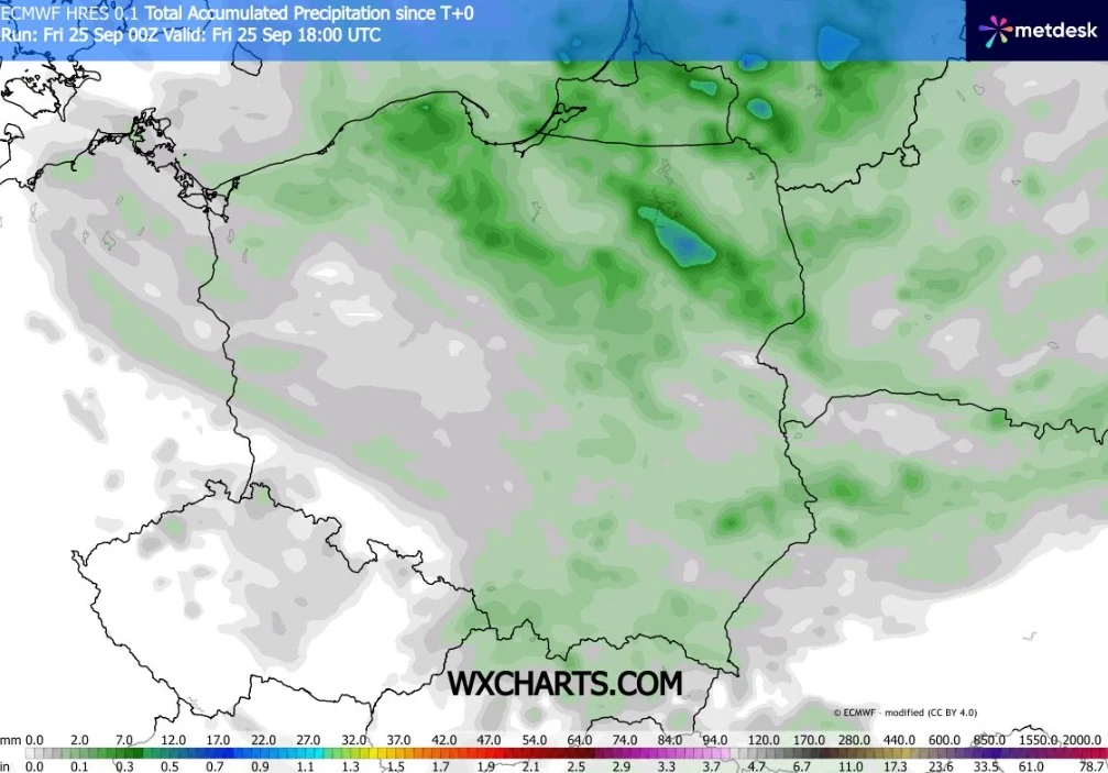 Najwięcej deszczu w piątek spadnie na północy i północnym wschodzie kraju Mapa Polski ukazująca prognozowaną sumę opadów atmosferycznych, z największym nasileniem opadów zaznaczonym na północnym wschodzie i północy kraju, a mniejszym natężeniem na południu i zachodzie.