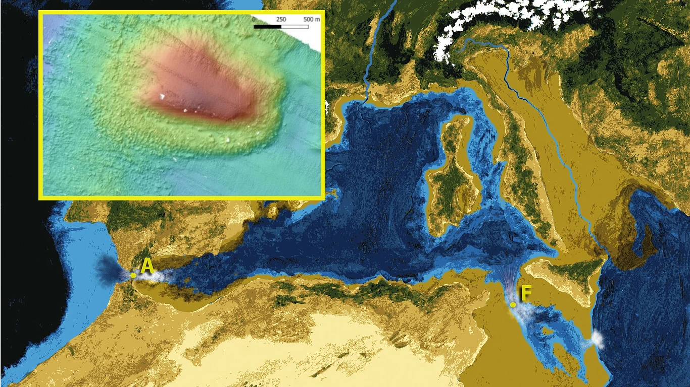 Archeolodzy odkryli prehistoryczny most lądowy na Morzu Śródziemnym. Mapa topograficzna dna Morza Śródziemnego z zaznaczonym prehistorycznym mostem lądowym między Sycylią a Maltą.
