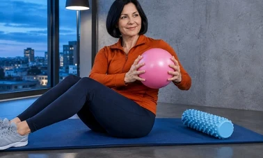Kobieta ćwiczy z różową piłką do pilatesu na granatowej macie w mieszkaniu, obok niebieski wałek do masażu