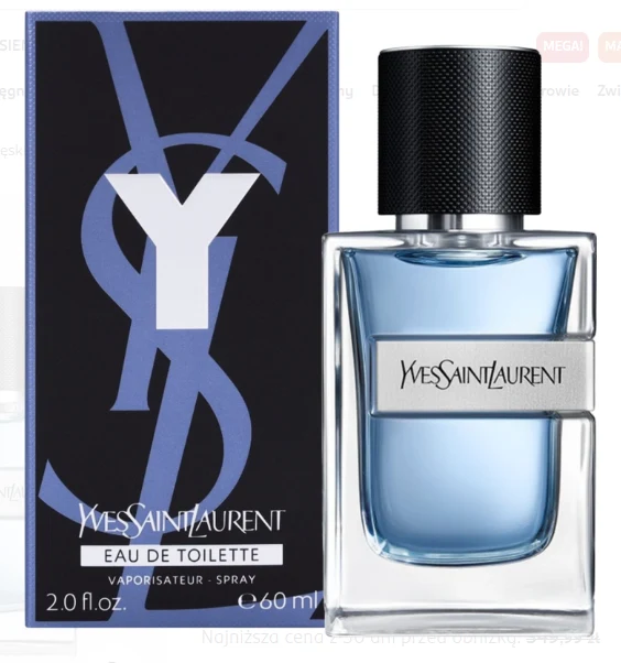 Flakon perfum Yves Saint Laurent Y o transparentnych ściankach i niebieskim płynie obok eleganckiego, prostokątnego opakowania z dużą literą Y i nazwą marki.