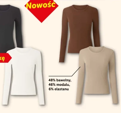 Bluzki po 18,99 zł Cztery damskie bluzki z długim rękawem w kolorach czarnym, brązowym, białym i beżowym, skład materiału: 48% bawełny, 46% modalu, 6% elastanu.