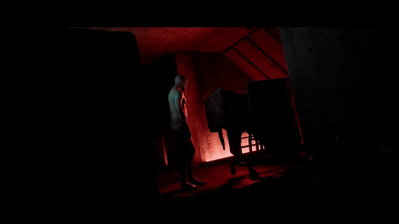 Silent Hill: Townfall Postać stojąca w półcieniu na tle czerwonego, industrialnego światła, obok sylwetka dużego zwierzęcia przypominającego konia w surowym, zamkniętym pomieszczeniu.