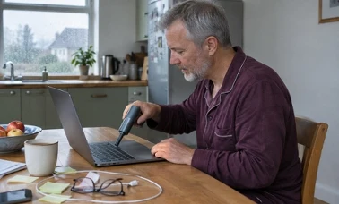 Mężczyzna w piżamie czyści klawiaturę laptopa małą dmuchawą przy kuchennym stole