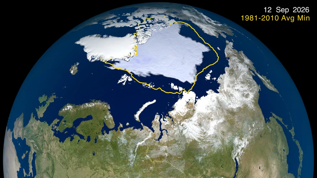 Minimalny zasięg lodu w 2026 r. został osiągnięty 12 września, Żółtą linią oznaczone średnie minimum na podstawie lat 1981-2010 Arkusz lodu pokrywający Ocean Arktyczny z zaznaczoną żółtą linią średnią minimalną pokrywą lodową z lat 1981-2010, widoczne północne obszary Eurazji i Ameryki Północnej.