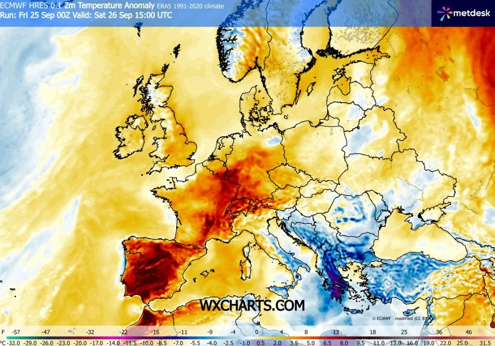 Upał w Europie zachodniej utrzyma się przez weekend. Może dotrzeć do Niemiec Mapa Europy z wyraźną anomalią temperatury, gdzie Hiszpania, Francja i południowe Niemcy są oznaczone intensywną czerwienią, wskazując na znacznie wyższe temperatury od normy, podczas gdy południowo-wschodnia część Europy i Bałkany są oznaczone odcieni...
